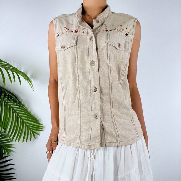 Vintage Y2K Tan Floral Cottagecore Granola Girl Button Up Vest Sleeveless Top /M - Picture 4 of 5